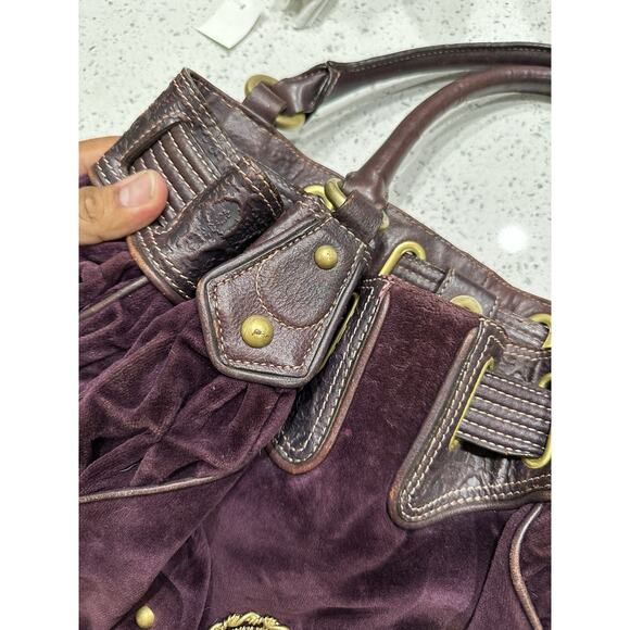 Vintage Y2K Juicy Couture Dark Purple / Maroon Velour Hobo Bag Metal Medallion - Picture 10 of 11